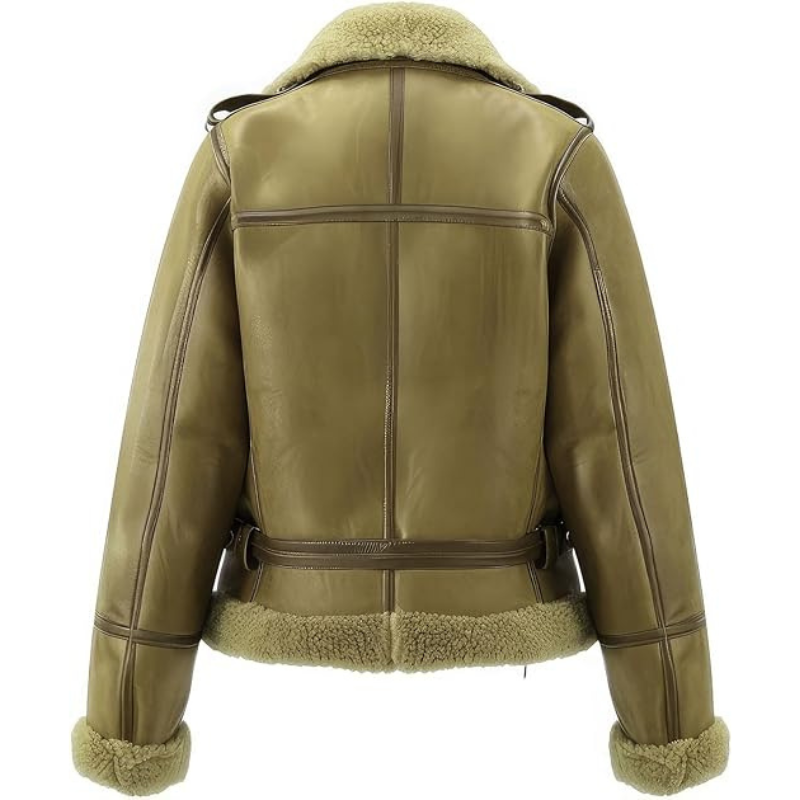 Women's Olive Green Real Sheepskin Shearling Fur Lined Aviator Jacket