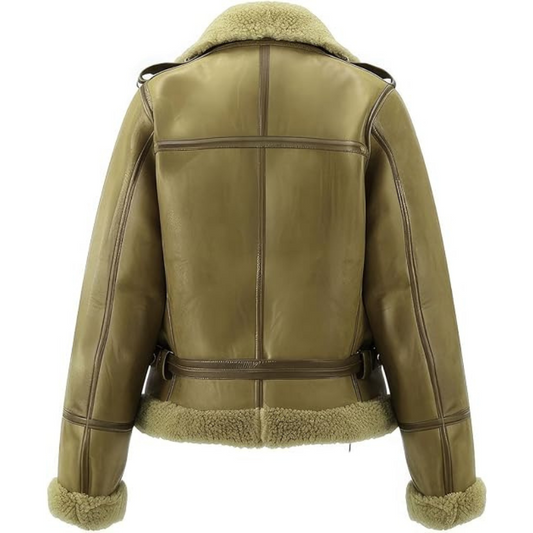 Women's Olive Green Real Sheepskin Shearling Fur Lined Aviator Jacket