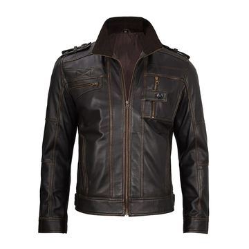 Men's Dark Brown Ruboff Biker Leather Jacket