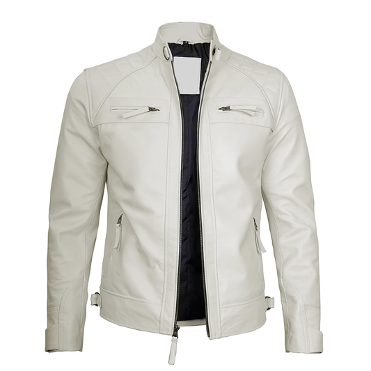 Men's White Classic Real Biker Leather Jacket