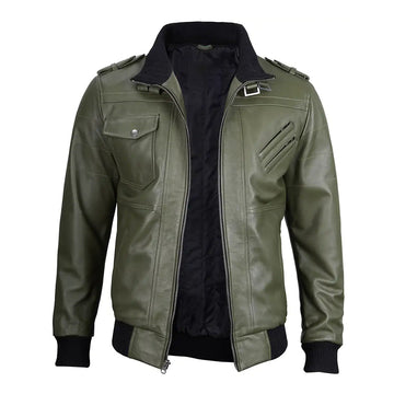 Men's Green Removable Hood Leather Jacket