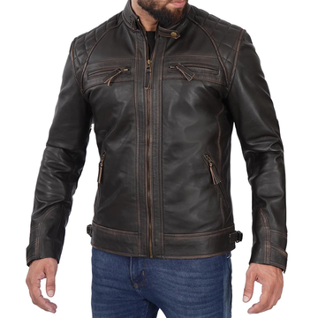 Men's Cafe Racer Distressed Brown Leather Jacket