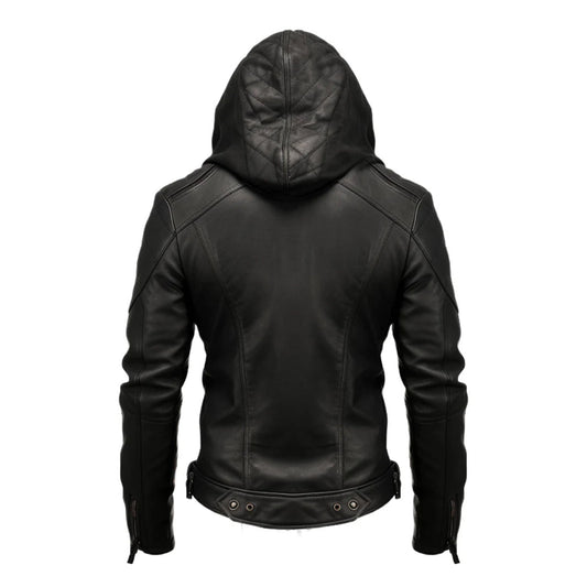 Men's Black Hooded Biker Leather Jacket