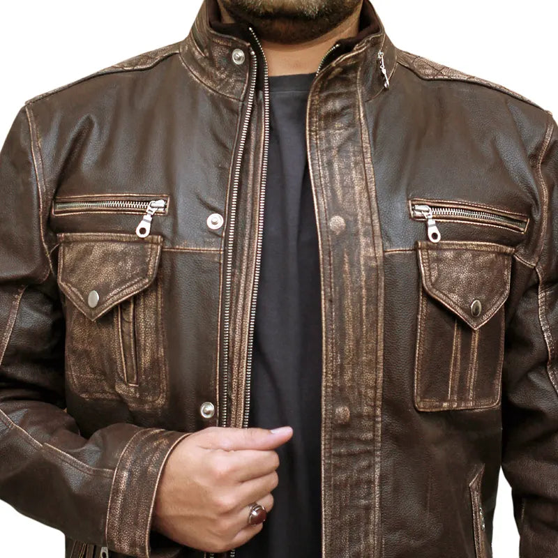 Men's Biker Cafe Moto Racer Brown Genuine Leather Jacket