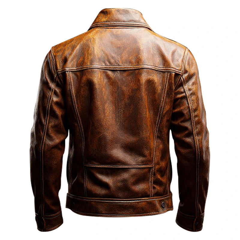 Brown Leather Trucker-Style Jacket