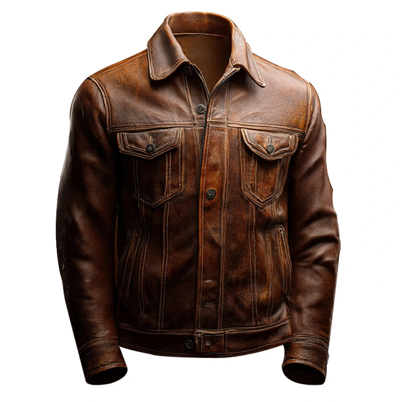 Brown Leather Trucker-Style Jacket