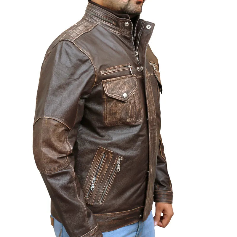 Men's Biker Cafe Moto Racer Brown Genuine Leather Jacket