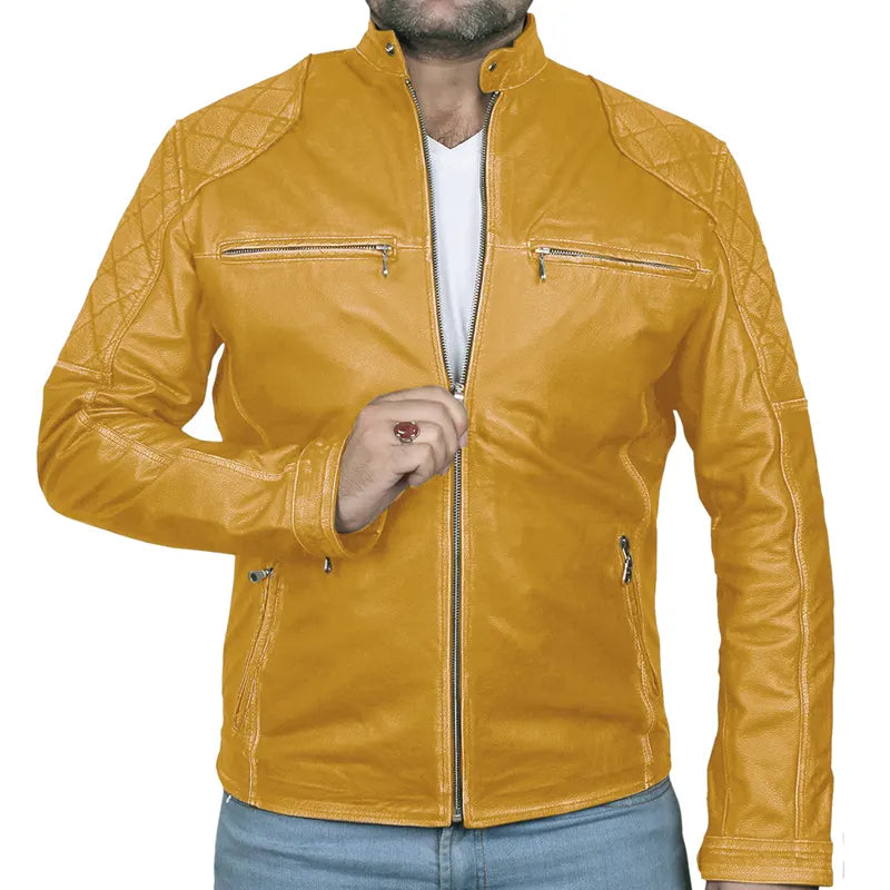 Classic Biker Cafe Racer Leather Jacket For Men's