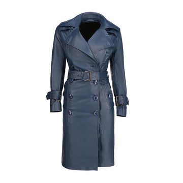 Women’s Double Breasted Blue Leather Trench Coat