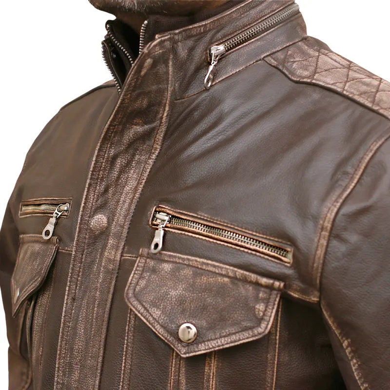 Men's Biker Cafe Moto Racer Brown Genuine Leather Jacket