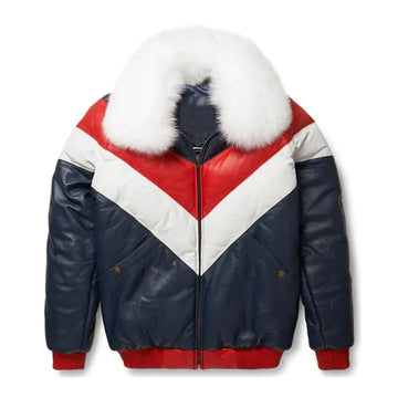 Men's V-Bomber Style Shearling Collar Leather Jacket