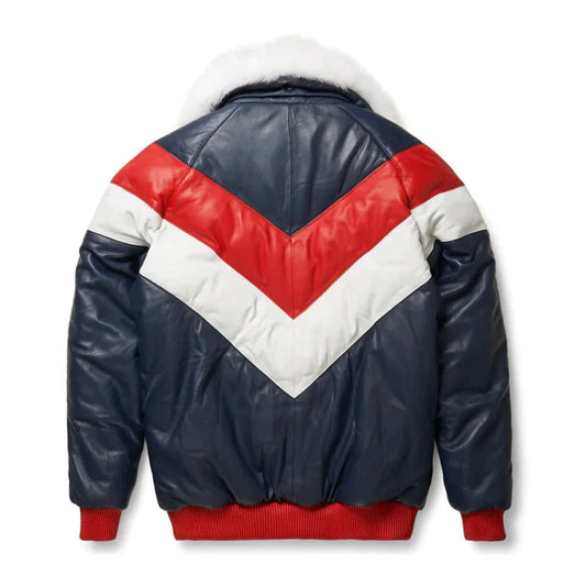 Men's V-Bomber Style Shearling Collar Leather Jacket