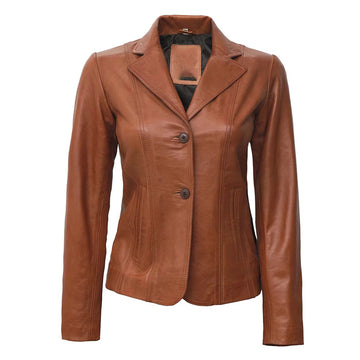 Women’s Two Button Tan Leather Blazer Jacket