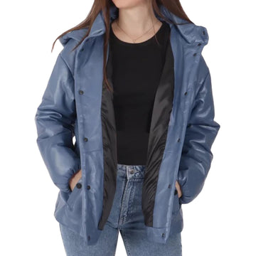 Women’s Blue Hooded Leather Jacket