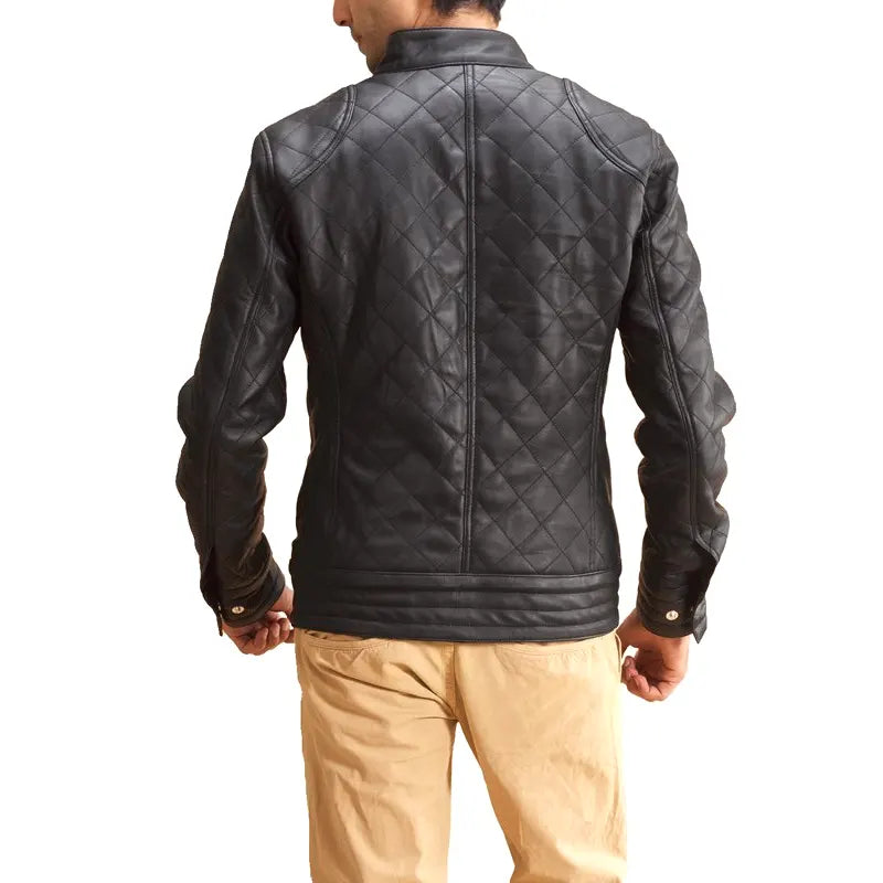 Men Black Leather Quilted Jacket