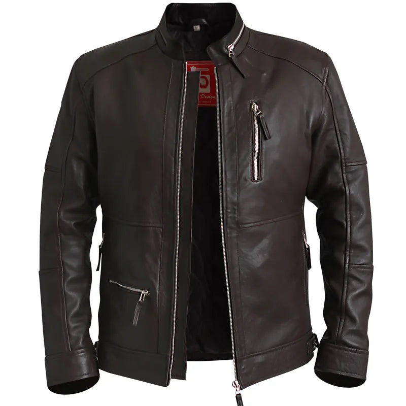 Distressed Dark Brown Biker Leather Jacket For Men
