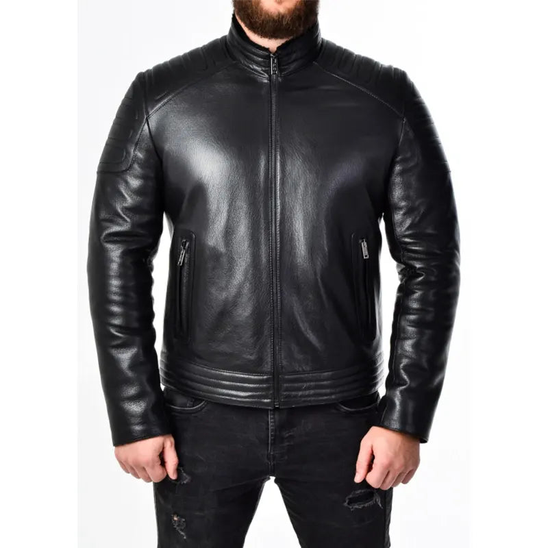 Men Padded Black Leather Biker Jacket