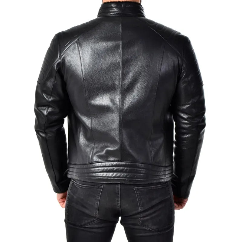 Men Padded Black Leather Biker Jacket