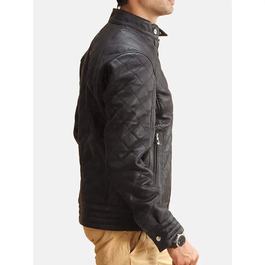 Men Black Leather Quilted Jacket