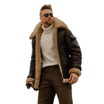 Men’s Brown Shearling Leather Long Jacket Coat