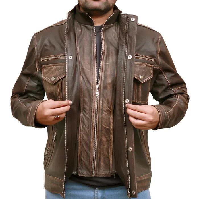Men's Biker Cafe Moto Racer Brown Genuine Leather Jacket
