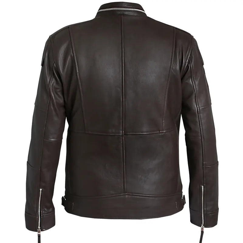 Distressed Dark Brown Biker Leather Jacket For Men