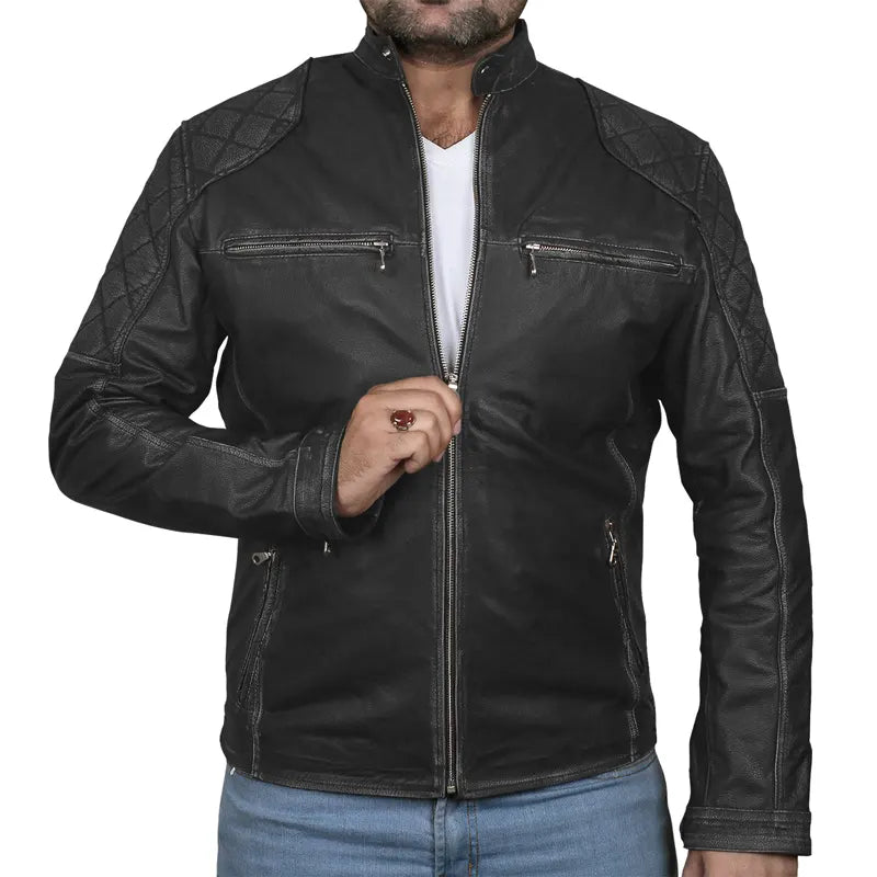 Classic Biker Cafe Racer Leather Jacket For Men's