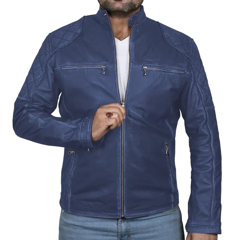 Classic Biker Cafe Racer Leather Jacket For Men's