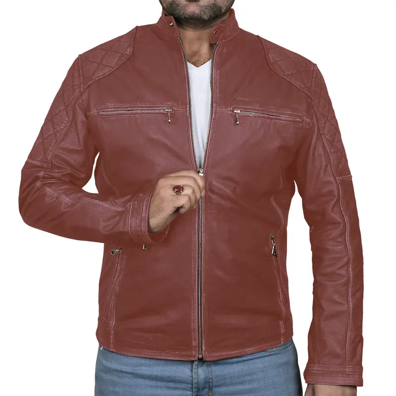 Classic Biker Cafe Racer Leather Jacket For Men's