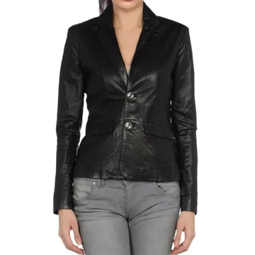 Women Black Real Leather Blazer