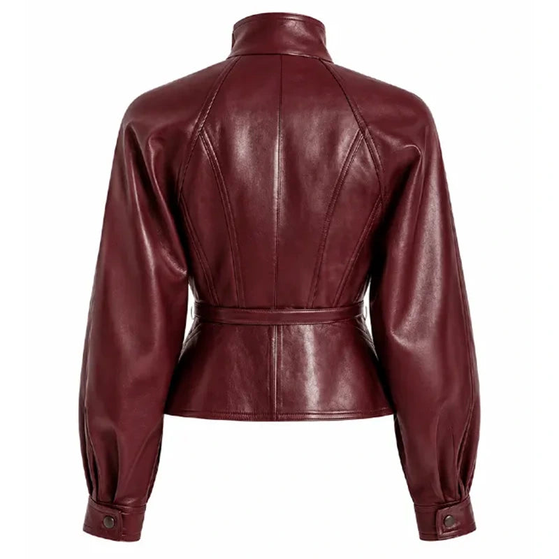 Women's Burgundy Cropped Leather Pilot Jacket