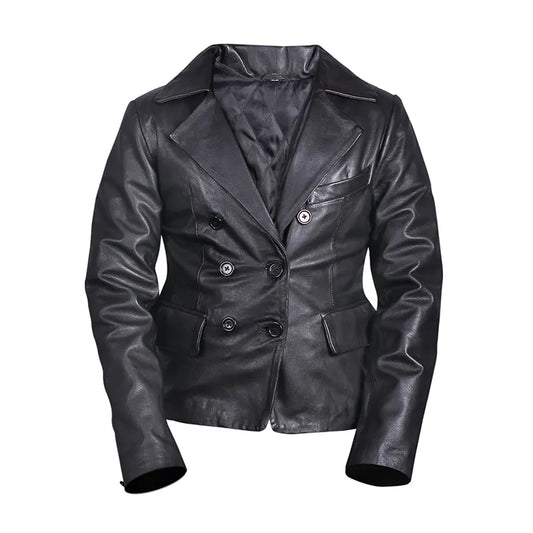Women's Double-Breasted Black Leather Blazer