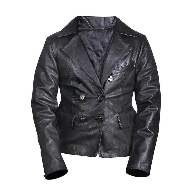 Women's Double-Breasted Black Leather Blazer