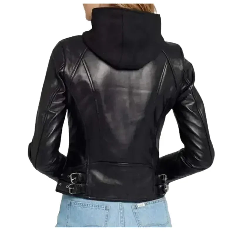 Women's Black Leather Jacket With Hood