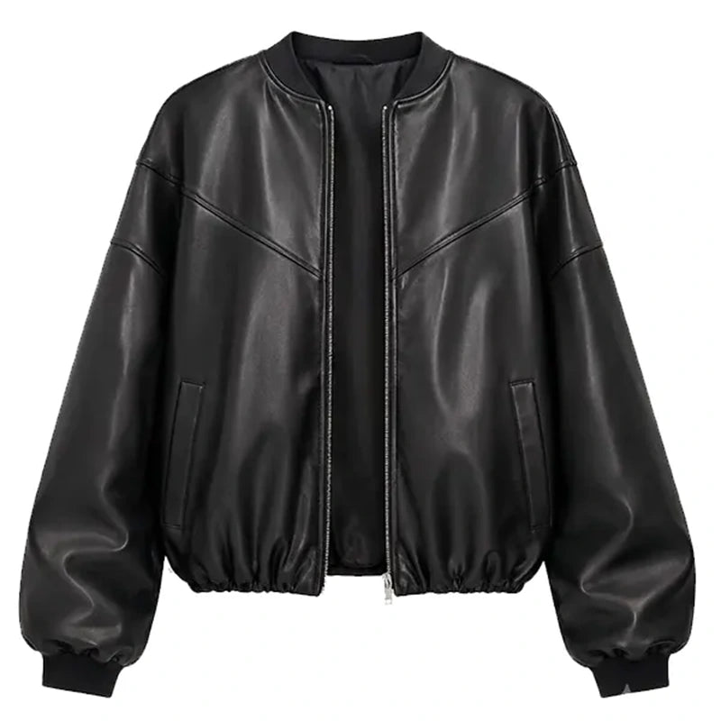 Women's Oversized Black Faux Leather Bomber Jacket