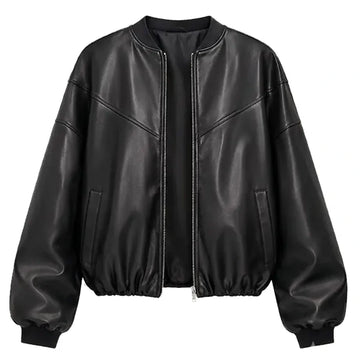 Women's Oversized Black Faux Leather Bomber Jacket