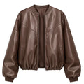Women's Oversized Brown Faux Leather Bomber Jacket