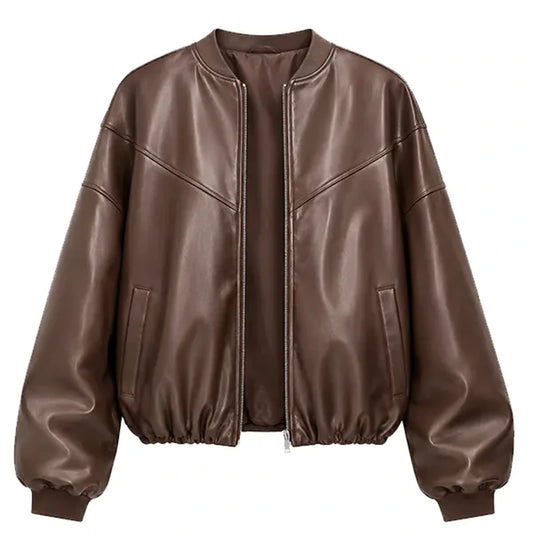 Women's Oversized Brown Faux Leather Bomber Jacket