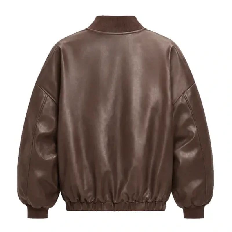 Women's Oversized Brown Faux Leather Bomber Jacket