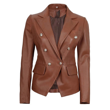Women’s Double Breasted Brown Leather Blazer Jacket