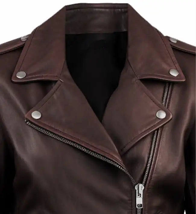 Women's Biker Leather Jacket Dark Brown