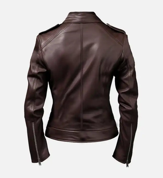 Women's Biker Leather Jacket Dark Brown