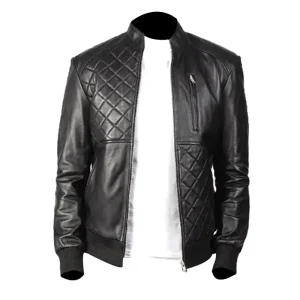 Mens Black Real Leather Quilted Style Jacket