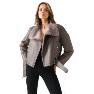 Women Gray Shearling Leather Jacket
