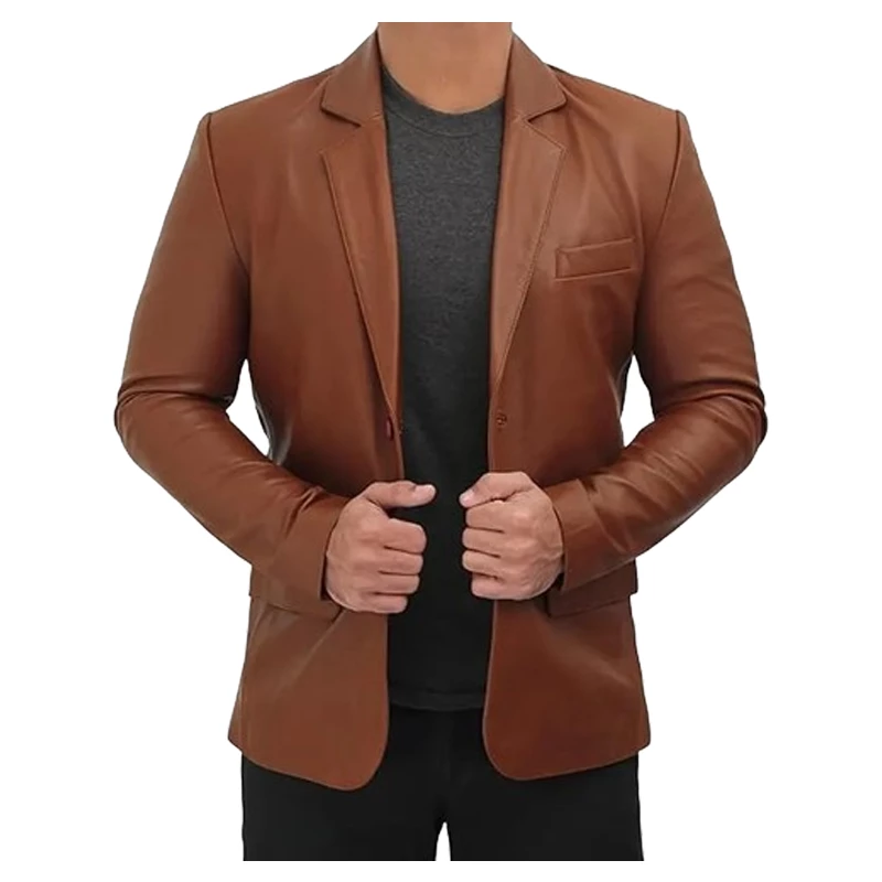 Men’s Casual Brown Leather Blazer - Image 2