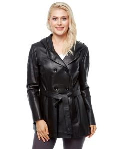 Women’s Real Black Leather Hooded Belted Coat