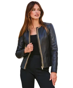 Black Round Neck Leather Jacket With Gold Chain Detail