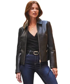 Black Zip Detail Collared Leather Jacket