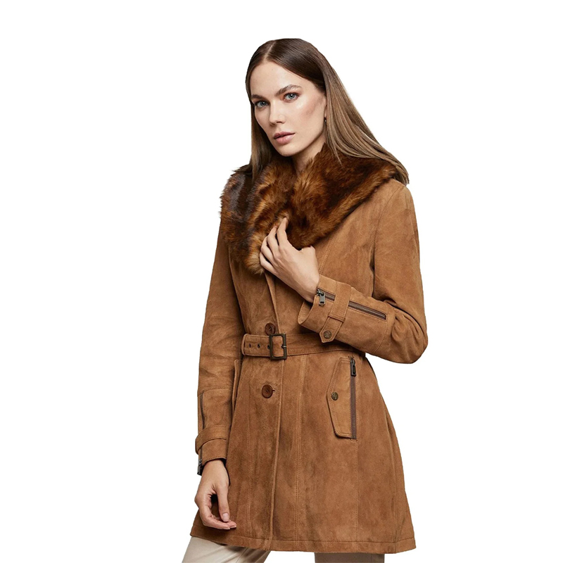 Women’s Real Brown Leather Suede Coat - Image 2