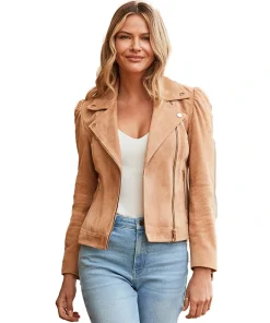 Camel Suede Ruched Sleeve Biker Jacket